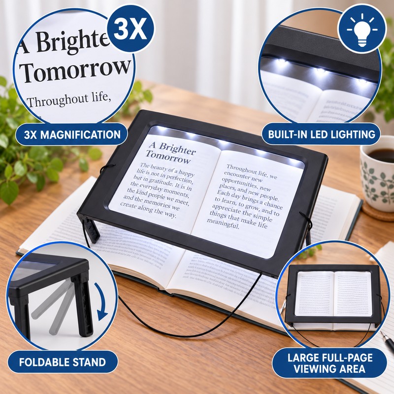Full-Page Magnifier for Reading – 3X Foldable Desktop Lens with