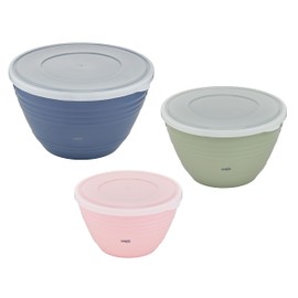 Emsa K325S3 Prep&Bake Set of 3 Plastic Mixing Bowls | 1.7 + 2.75 + 4.15 L | with Preserving Lid | Non-Slip Base | Perfect Stability When Mixing | Dishwasher Safe | Pink/Green/Blue