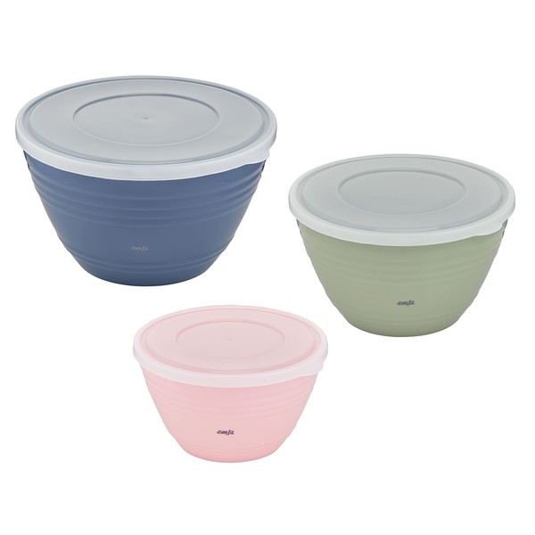 Emsa K325S3 Prep&Bake Set of 3 Plastic Mixing Bowls | 1.7 + 2.75 + 4.15 L | with Preserving Lid | Non-Slip Base | Perfect Stability When Mixing | Dishwasher Safe | Pink/Green/Blue