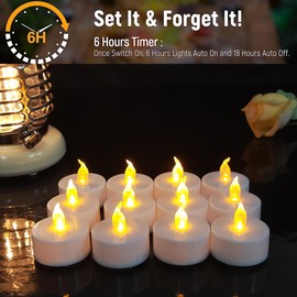 12 Pack Flameless Led Tea Lights Candles with timer battery operated,Built-in 6Hours,6 Hours On and 18 Hours Off in 24 Hours Cycle Automatically,flickering flameless tealights candles in Warm Yellow