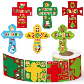 Haooryx 300pcs Make Your Own Christmas Theme Cross-Shaped Stickers, Mix and Match DIY Cross Sticker Roll, Make-A-Cross-Shaped Religious Self-Adhesive Sticker for Christmas Sunday School Supplies