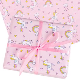 Dacitiery 5 Sheets of Birthday Wrapping Paper for Children, Girls, Boys, Unicorn Wrapping Paper with 1 Roll of Gift Ribbon for Birthday, Baby Shower Gift Wrapping (70 x 50 cm)