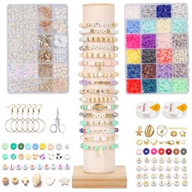 Ausein - 6000 Cuentas De Arcilla Para Hacer Pulseras, Cuentas Planas y Redondas de Arcilla con Cuentas de Letras,Cuentas Doradas y Dijes Colgantes,2 Cajas Kit para Hacer Pulseras Bohemio para Adultos