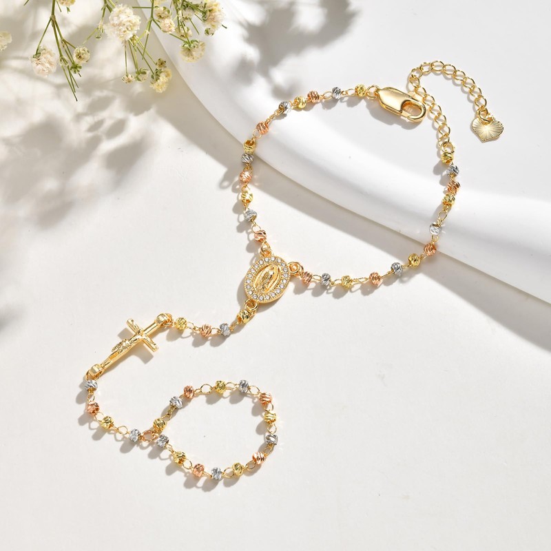 Rosary Hand Chain Bracelet for Women, Gold Virgin Mary Ring