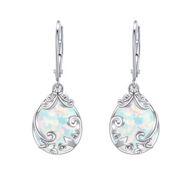 Opal Earrings Sterling Silver White Opal Filigree Earrings Leverback Earrings Dangle Jewelry Earrings for Women Girls, Sterling Silver