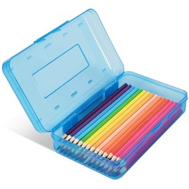 Caja de lápices de plástico de color, estuche de gran capacidad, cajas de lápices para niños y adultos, caja de lápices duros con tapa a presión para suministros escolares de oficina (azul)
