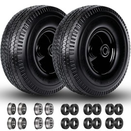 4.10/3.50-4" Flat Free Tire and Wheel, 10 Inch Solid Tire with 5/8" Axle Bore Hole with 3/4" & 1/2" Extra Bearings, 2.2" Offset Hub for Wheelbarrow, Wagon, Gorilla Cart, Dolly, Hand Truk, Generator