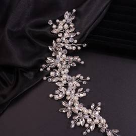 Teyglen Dainty Rhinestones Pearls Crystal Large Headband Hair Vine Handmade Bridal Flower Headband Wedding Hair Accessories for Brides Hair Pieces Gold Silver Headpieces for Women Girl (Silver)
