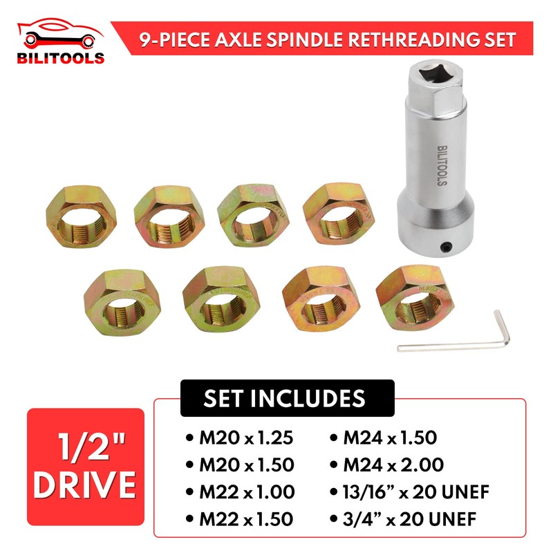 BILITOOLS 10-Piece Axle Spindle Thread Chaser Set, Thread Rethreading Restorer