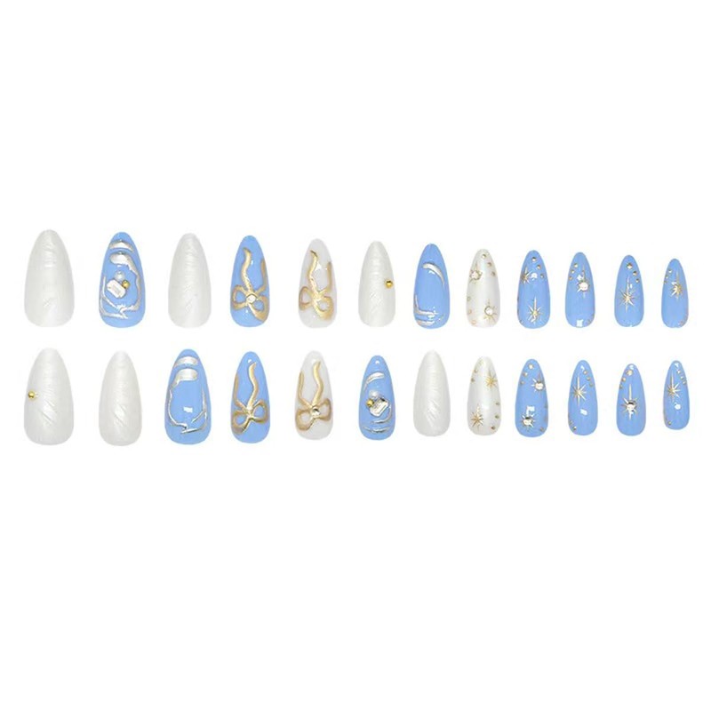 Blue White Press on Nails Bow Fake Nails Medium Almond