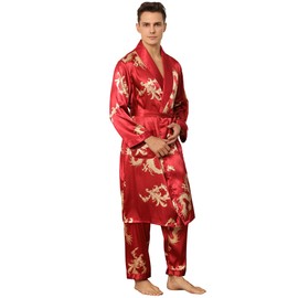 Haseil Men's Satin Robe with Pants Lightweight Printed Luxurious Spa Dragon Silk Bathrobe Kimono Set, Red, Tagsize 3XL=Ussize XL