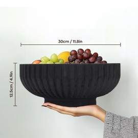 XMGZQ Black Decorative Bowl for Home Decor,Black Fruit Bowl for Kitchen Counter,Large Black Bowl Decor,Farmhouse Fruit Bowl Black,Centerpiece Bowl,Round Wooden Fluted Bowl (Black)