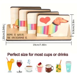 Hunken Dachshund Wooden Coasters Set with Holder, Cute Animal Shaped Drink Coasters, Handmade Table Protectors for Home and Office for Hot & Cold Drinks, Unique Dachshund Decor