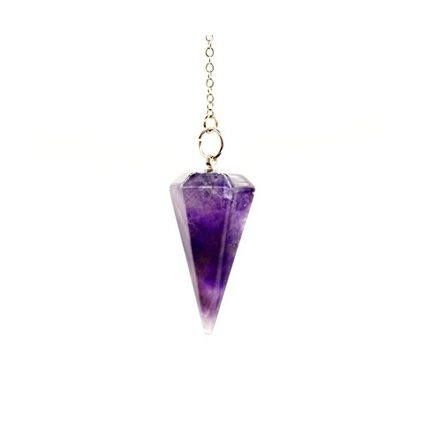 Divination Pendulum Made of Natural Violet Amethyst Crystal for Dowsing Chakra Reiki. Pointed with Chain and Jewelry Pouch