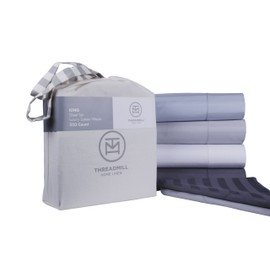 Threadmill 500 Thread Count Queen Size Damask Stripe, 4 Pc Luxury Cotton Bedding Set, Silky Smooth Hotel White Sheets with 16" Elasticized Deep Pocket, 2 Pillowcases & Free Tote Bag