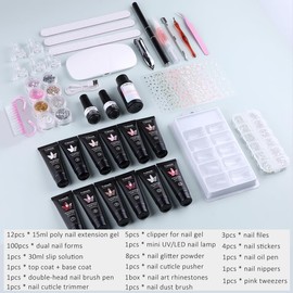 Fcozpjk Poly Gel Nail Kit with UV Light, 12 Colors Builder Gel Nail Extension Kit for Beginners with Everything, Dual Nail Forms Slip Solution Chunky Glitter Poly Gel Nail Art Design Starter Kit