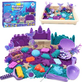 BEIREG Mermaid Sensory Bin Toys, Over 3lbs Purple/Teal/Beach Sand with Sandbox, 17 Castle Marine Animal Molds 12 Tools Treasure Chest, Sensory Sand Kit Mermaid Toys for Girls 4 5 6 7 8 Gifts