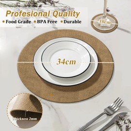KERYCHIN 4 Round Leather Placemats (34cm) and 4 Coasters (10cm), Heat Resistant 100°C, Non-Slip and Waterproof, PU Placemats for Kitchen Indoor Outdoor Glass Dining Table (Beige)