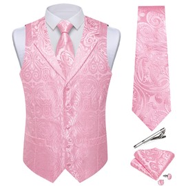 DiBanGu Mens Suit Vest Set 5PCS Silk Light Pink Paisley Waistcoat and Tie Pocket Square Cufflinks Tie Clip for Wedding Party Prom