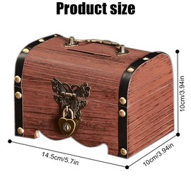 Vintage Wooden Treasure Chest with Lock: Nizirioo Wooden Vintage Coin Box with Lock and 2 Keys, Small Treasure Chest Piggy Bank for Birthday, Storage, Decorating, 14.5 x 10 x 10 cm