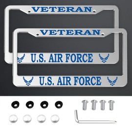 2 Pack Veteran License Plate Frames for U.S. Air Force, Silver Universal Aluminum Front and Rear Retired License Plate Holder for USAF