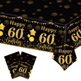 LDFDRT 60th Black Gold Birthday Tablecloths Plastic Disposable 2 Pack Table Cloth Happy Party Birthdays Decorations Rectangular Table Cover 54"x108"