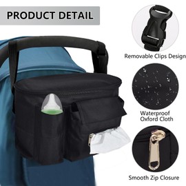 Universal Baby Stroller Organizer with Insulated Cup Holder & Adjustable Straps Pram Bag for Buggy Handlebar Fits Most Strollers (Black)