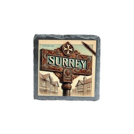 Surrey Village Scene Slate Coaster – Handcrafted Natural Stone with Vintage Sign Artwork – Unique UK Gift & Souvenir (slco-kf25-2503)