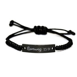 Romans 13 10 Bracelet Romans 13:10 Bible Verse Gift for Him Christian Bracelet for Men Black Rope Stainless Steel Jewelry