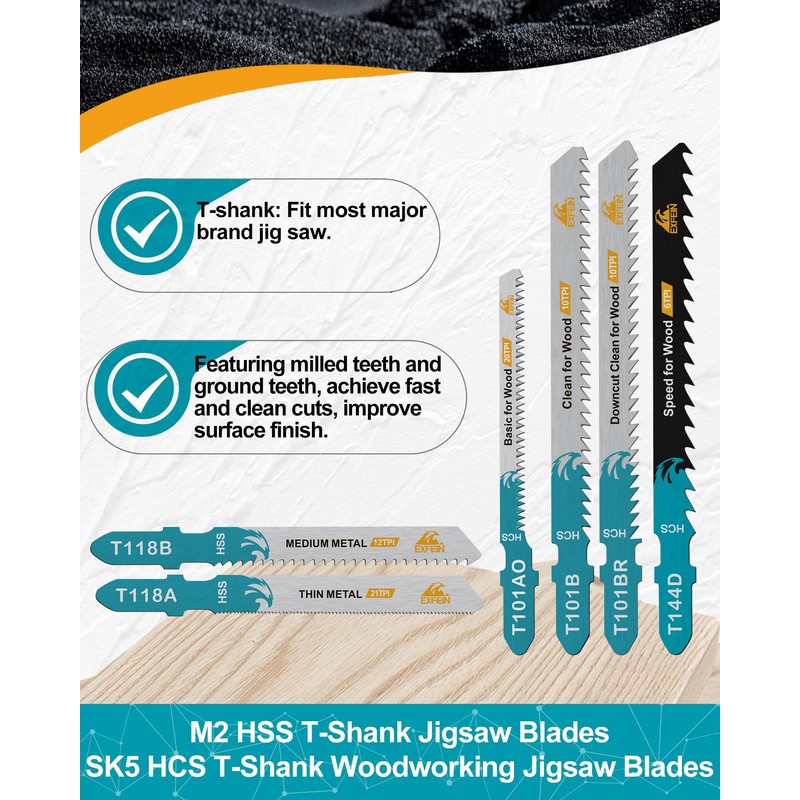 EXFEIN 50-piece Jigsaw Blades for Metal and Softwood Plywood, Professional