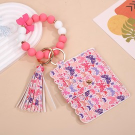 Vynoraxis Butterfly Keychain Wristlet Wallets for Women Silicone Beaded Credit Card Holder Tassel Key Ring Bracelet Boho Beaded Wallet (Dark Pink)