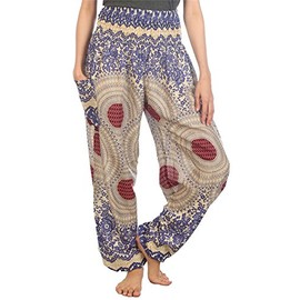 LOFBAZ Harem Hippie Pants for Women's Yoga Boho Travel Lounge Clothing Bohemian Indian Beach Casual Smocked Waist Clothes Rose 3 Blue Small