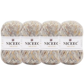 NICEEC 4 Skeins Fluffy Air Yarn for Crocheting, Soft & Colorful, Wool-Acrylic Blend, 3 DK Light Worsted Weight Yarn for Knitting, Quality Tweed Wool Yarn (Total 7.05oz/610yds) - White Yellow