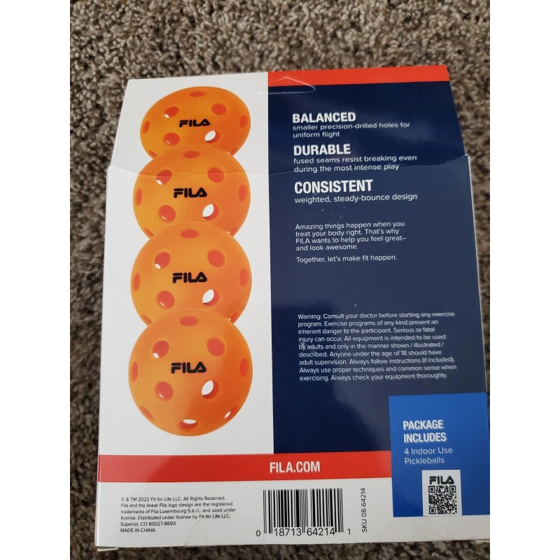 FILA Accessories Pickleballs Orange 4 Pack Regulation Size 74mm Dia