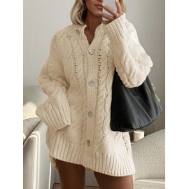 Saodimallsu Womens Cable Knit Cardigan Sweaters Chunky Button Up Long Sleeve Crew Neck Warm Loose Sweater Coats Apricot