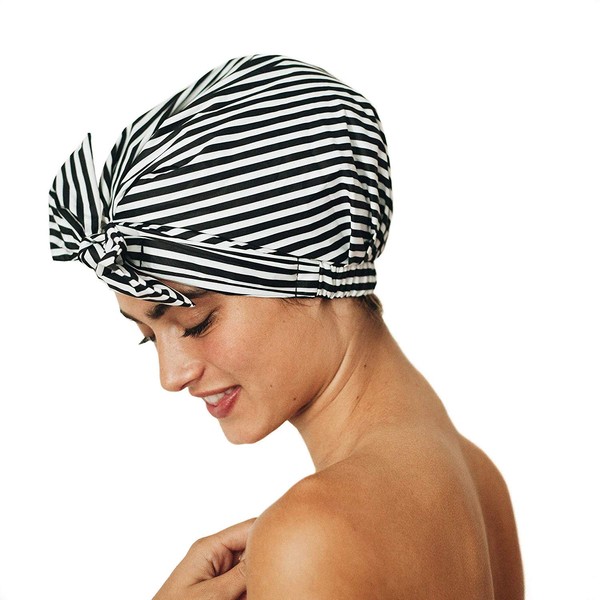 Kitsch Luxury Shower Cap for Women - Waterproof, Reusable Shower Caps (Black and White Stripe)