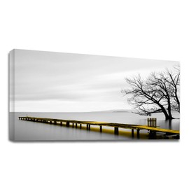 Looife 40x20 Inch Canvas Prints Wall Art-Abstract Black and White Sea Level with Yellow Pier Dock Bridge Picture Wall Decor, Ocean Scenery Giclee Artwork Home Decoration Ready to Hang