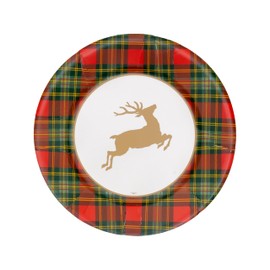 Caspari Reindeer Tartan Red Paper Dinner Plates - Includes 12 Packs of 8 Paper Dinner Plates