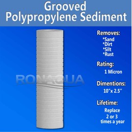 Grooved Sediment Water Filter Cartridge by Ronaqua 10"x 2.5", Four Layers of Filtration, Removes Sand, Dirt, Silt, Rust, made from Polypropylene (1 Pack, 1 Micron)