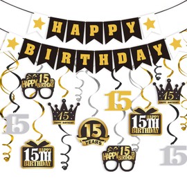 LINGTEER Happy 15th Birthday Swirls Streamers Set - Happy Birthday Banner,Cheers to 15th Birthday Fifteen Years Old Bday Party Hanging Backdrop Decorations.