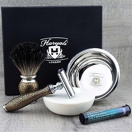 4 Piece Shaving Set in Vintage Style: Pure Badger Hair Shaving Brush and Safety Razor and Stainless Steel Shaving Bowl & Haryali London Premium Soap Free Alum Stick > Perfect for Nassrasieren/Great Gift for any Shave Enthusiasts