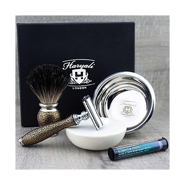 4 Piece Shaving Set in Vintage Style: Pure Badger Hair Shaving Brush and Safety Razor and Stainless Steel Shaving Bowl & Haryali London Premium Soap Free Alum Stick > Perfect for Nassrasieren/Great Gift for any Shave Enthusiasts