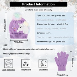 QKURT Kids Knitted Hat Gloves Set, Winter Warm Beanie Gloves Set Thermal Lined Hat Mittens Set Unicorn Pattern for 3~5 Years Old Kids children Girls, Winter Accessories Sets