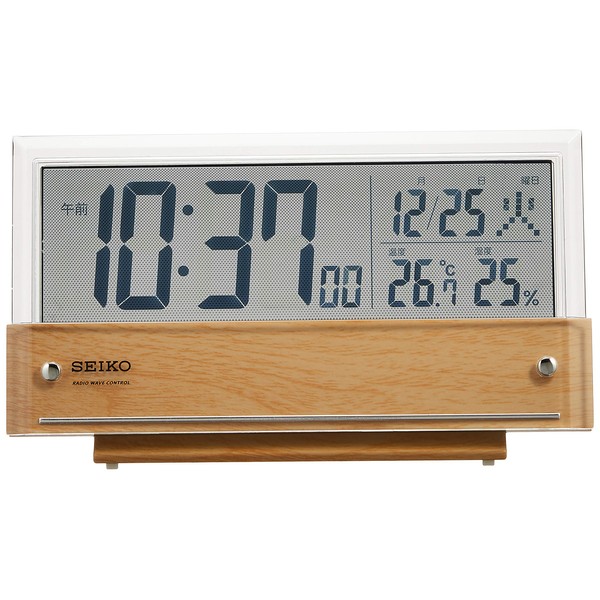 Seiko clock 置ki時計 Atomic Digital Calendar Temperature Humidity Display Light Brown Wood Grain Pattern sq782b Seiko