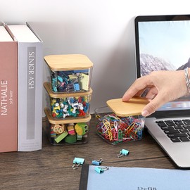 OGA Pack of 4 Transparent Organiser with Bamboo Lid, Small Clip Dispenser, Office Clips, Box, Desk, Plastic Storage Boxes for Paper Clips, Paper Clips, Letter Clips, 7.7 x 7.7 x 5.5 cm