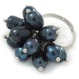 Avalaya Peacock Coloured Freshwater Pearl Cluster Ring In Silver Tone - Adjustable