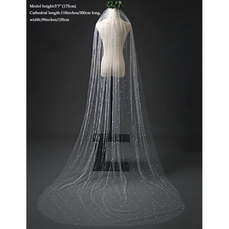 ELAWBTY 1 Tier Pearl Fingertip Length Wedding Bridal Veil With
