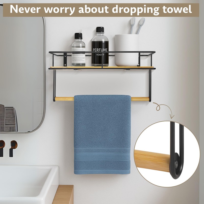 SDZOREN Hand Towel Holder with Wooden Shelf – Wall-Mounted Bathroom