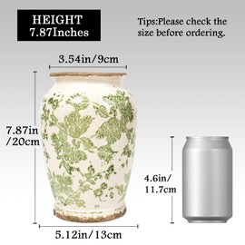 ROLLSCERAY Vintage Vase for Flowers, Green Floral Chinoiserie Vase, Rustic Ceramic Vases, Large Ceramic Vases for Living Room, Office, Shelf, Tuscan Decor, Chinoiserie Decor, 7.8 Inch