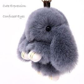 Verve Jelly 2 Pcs Bunny Keyring Cute Pluff Rabbit Keychain Fluffy Pom Pom Lovely Key Chains for Bag Car key Bagpack, Beige